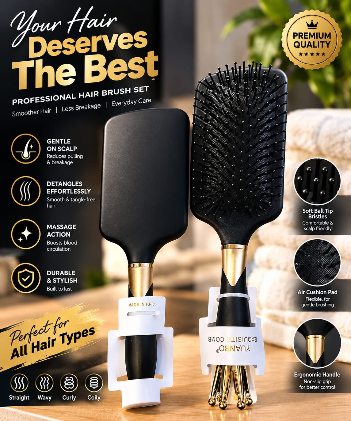 YUANBO EXQUISITE PADDLE HAIR BRUSH, 8788